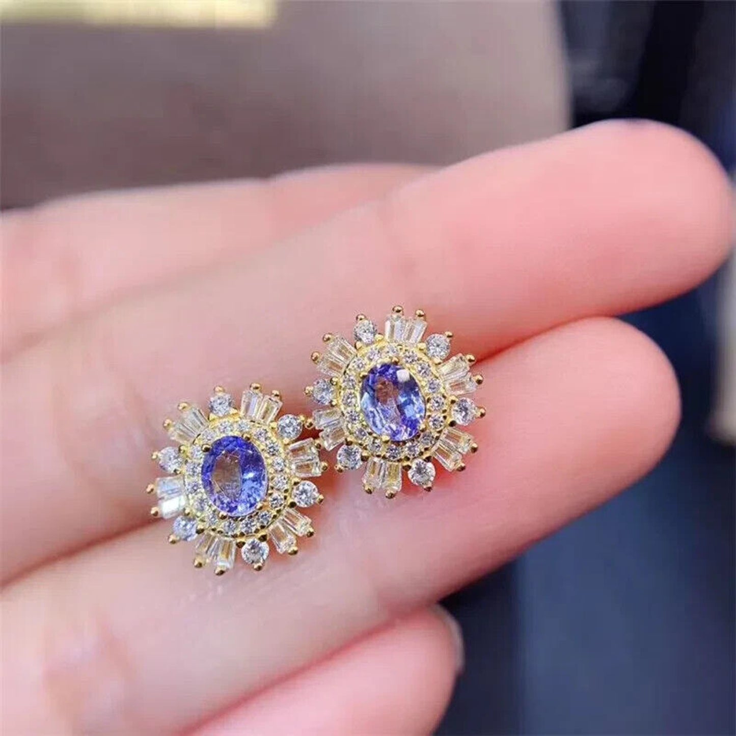 Tanzanite Cluster Stud Earrings 4x5mm Sterling Silver