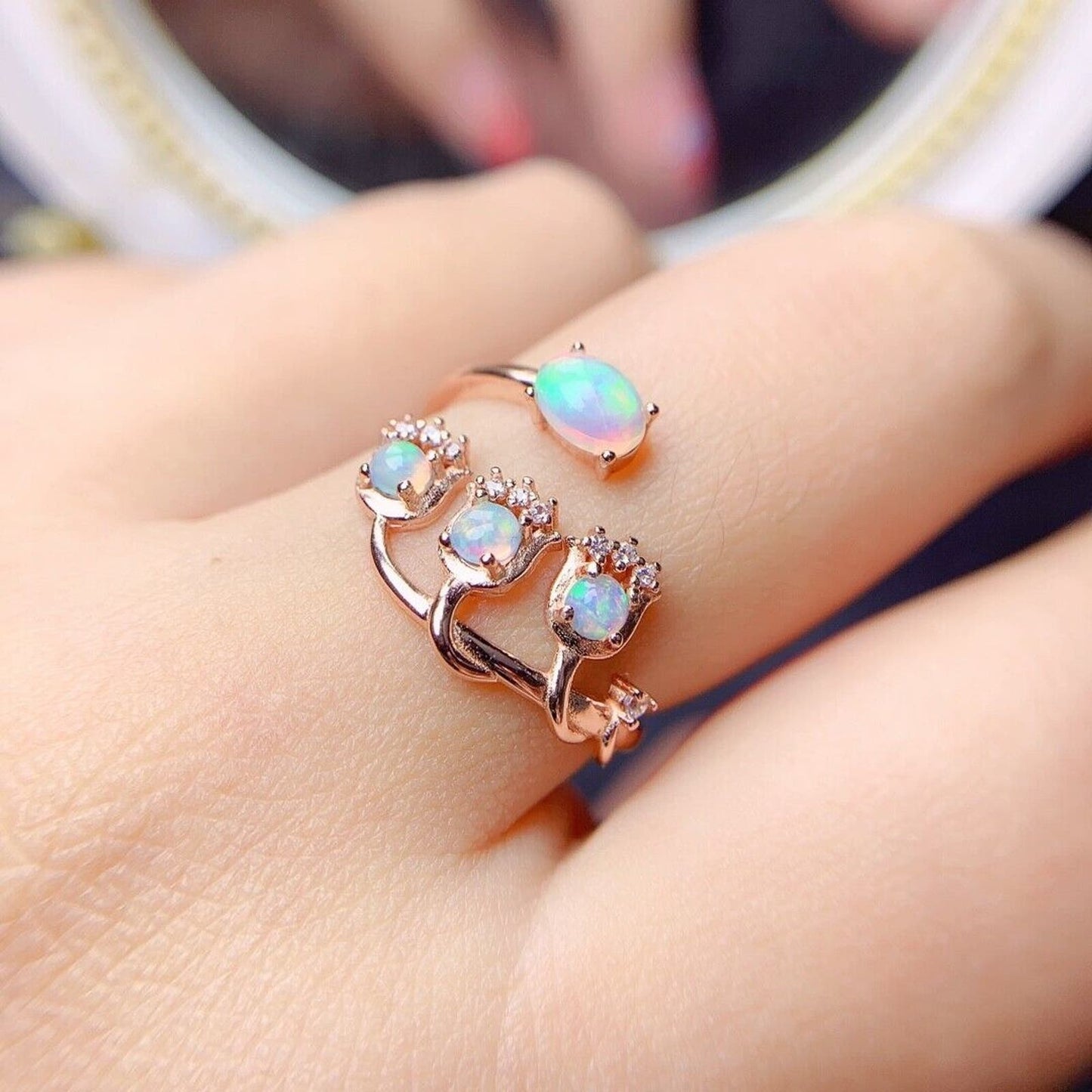 Fire Opal Gemstone Cluster Ring Sterling Silver