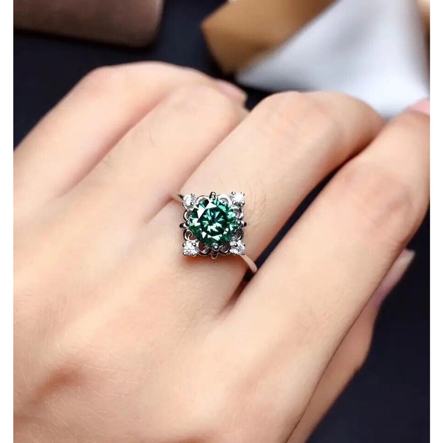 1 CT Green Moissanite Flower Ring, Round Cut Green Moissanite 925 Sterling