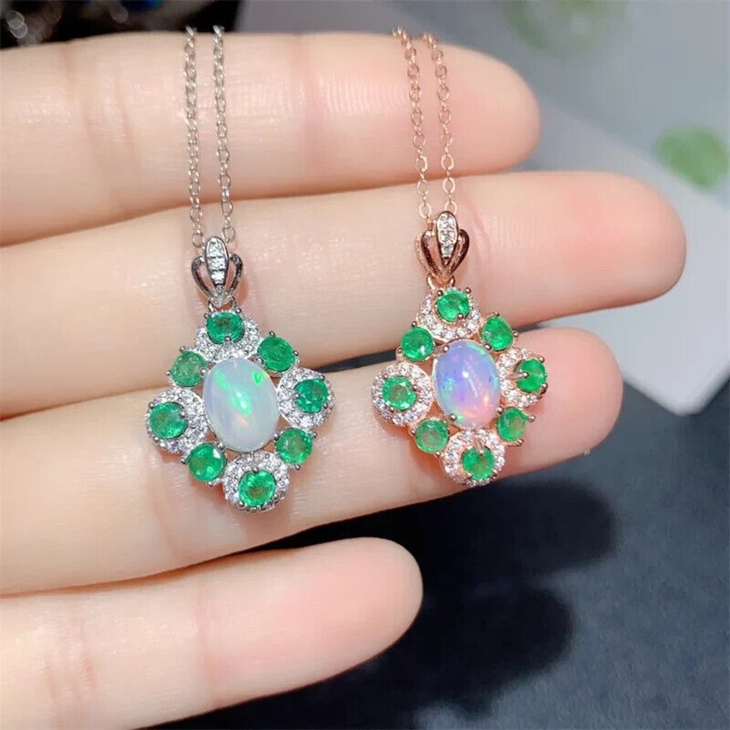 Fire Opal and Colombian Emerald Jewelry Set, Ring and Pendant