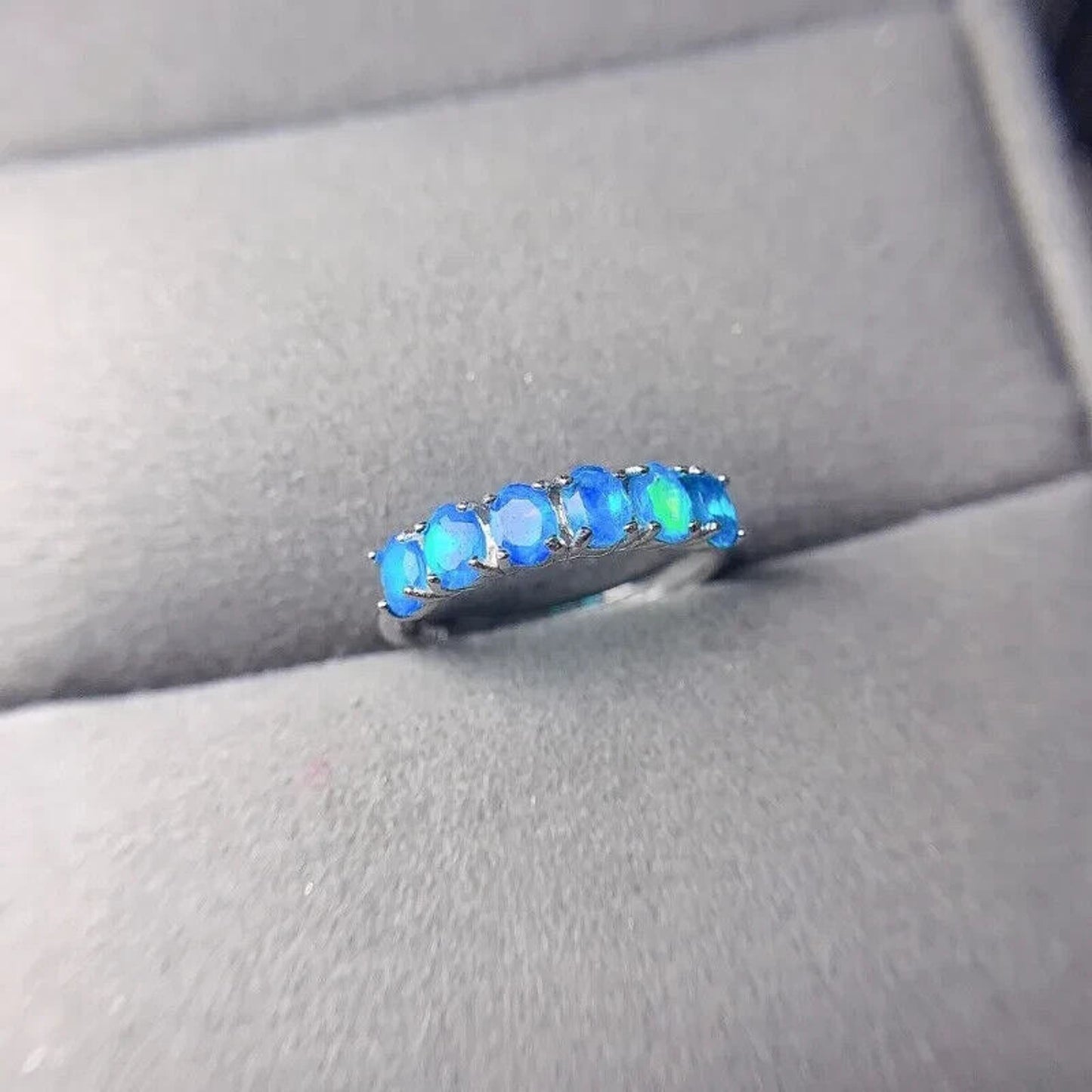 Natural Australian Blue Fire Opal Band Ring 3x4mm Sterling Silver