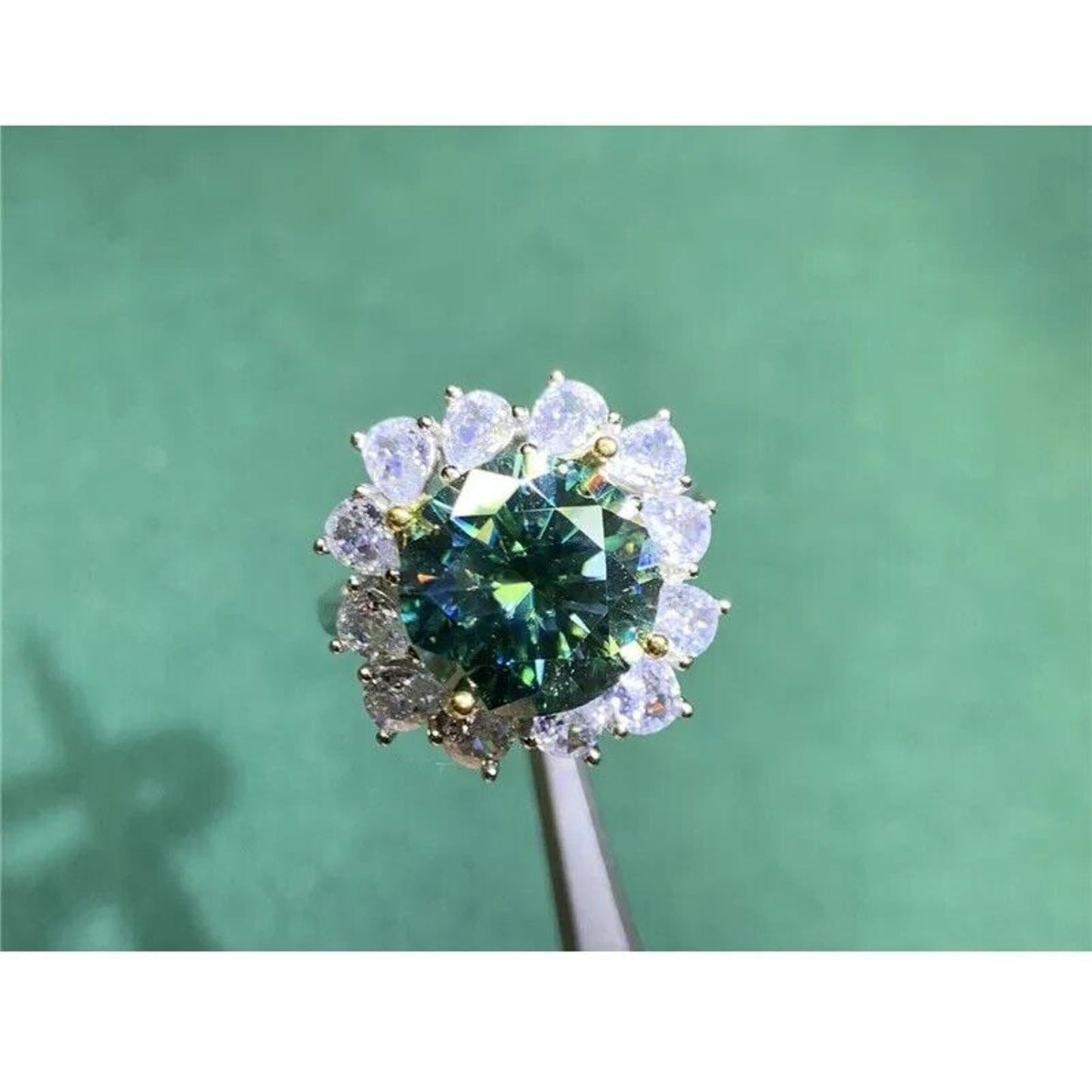 5 Carat VVS1 Round Brilliant Cut Green Moissanite Ring Sterling Silver