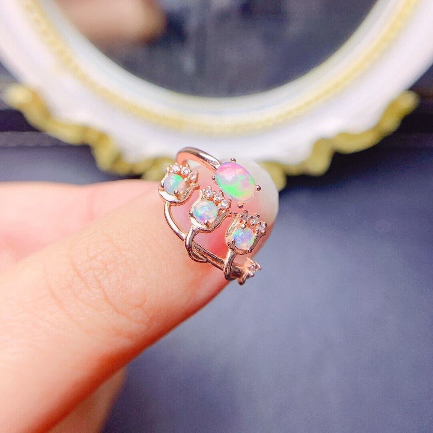 Fire Opal Gemstone Cluster Ring Sterling Silver