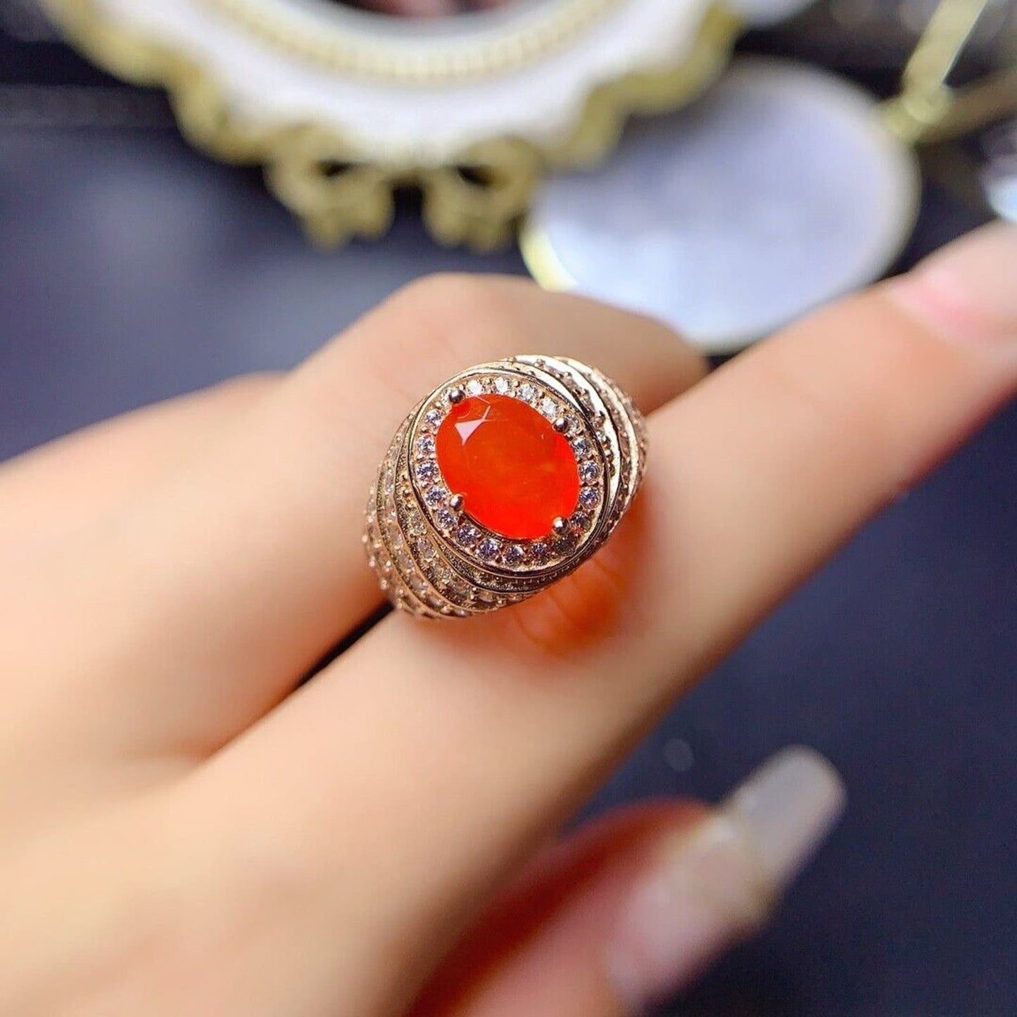 Natural Orange Fire Opal Cocktail Ring 7x9mm