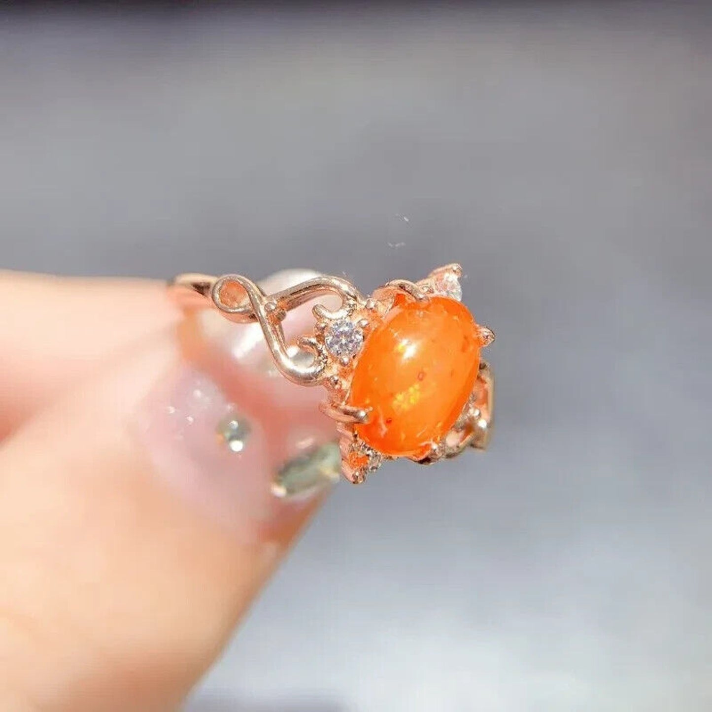 Orange Opal Cocktail Ring 6x8mm Sterling Silver