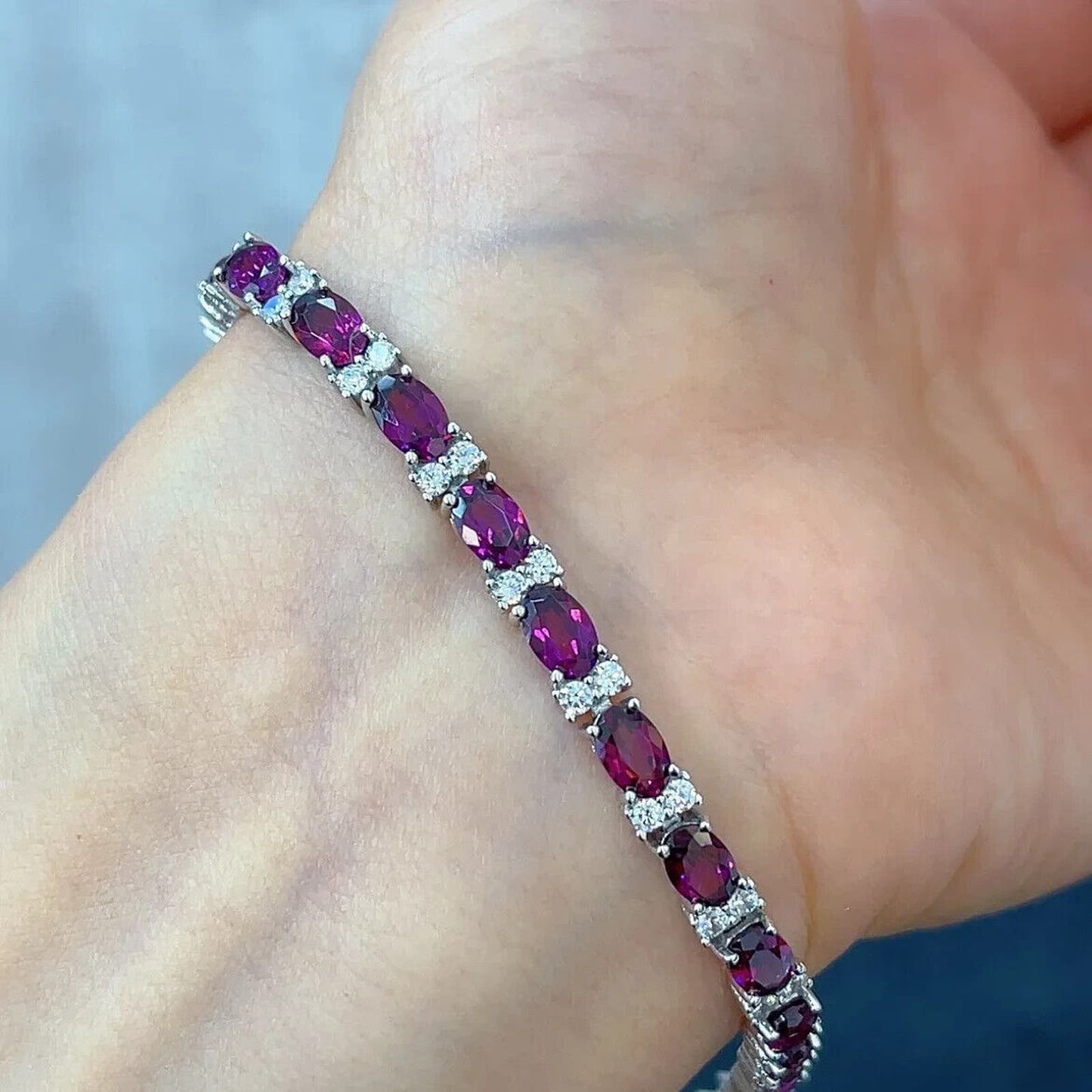 Pink Garnet Gemstone Tennis Bracelet 4x6mm Platinum Plated