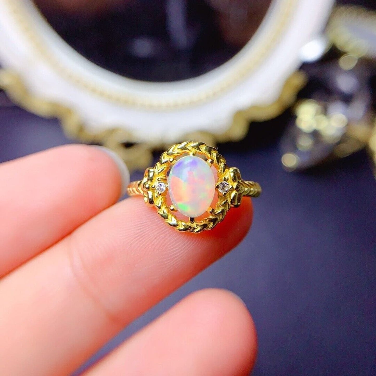 Natural Fire Opal Cocktail Ring 6x8mm Sterling Silver