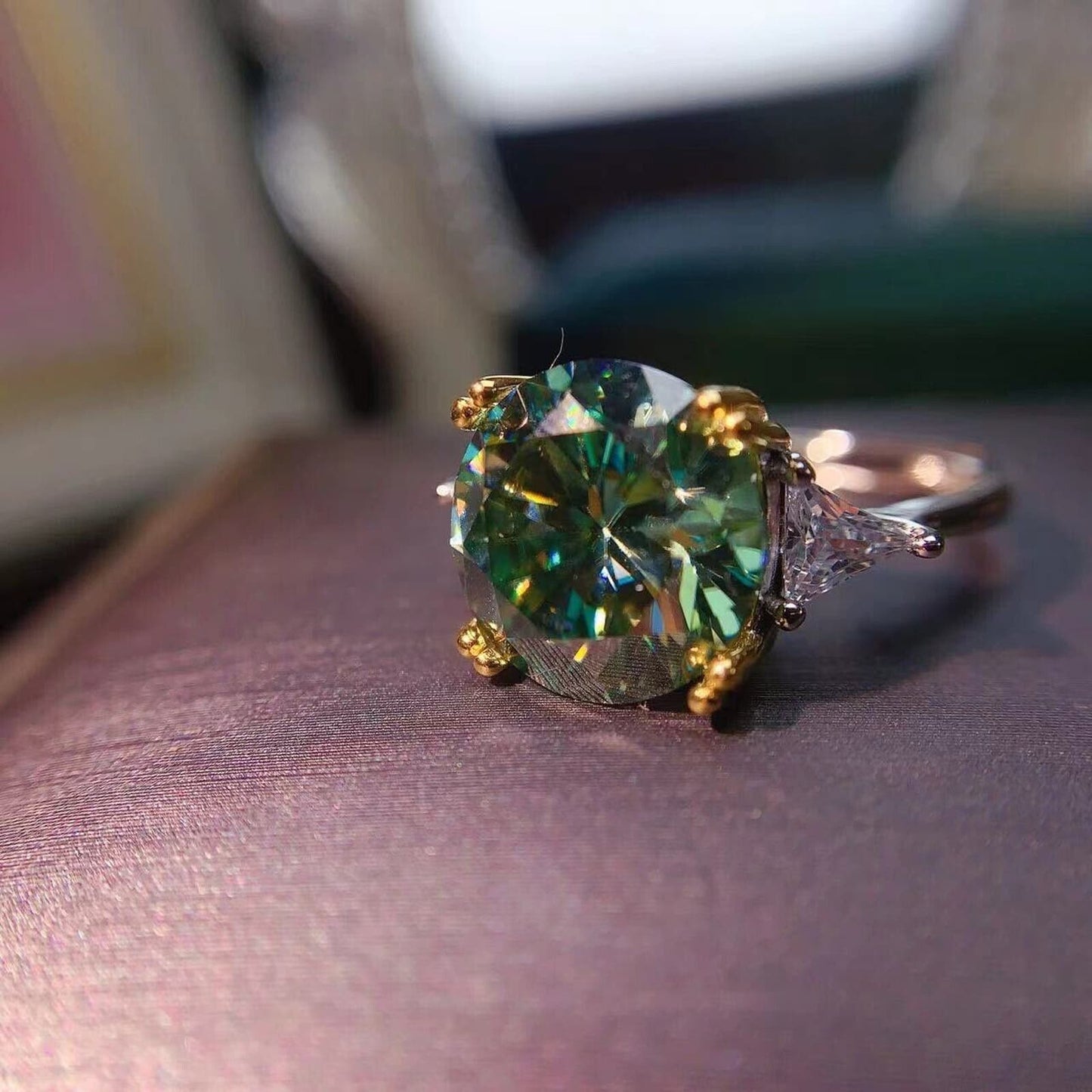 VVS1 5 Carat Green Moissanite Cocktail Ring Platinum Plated