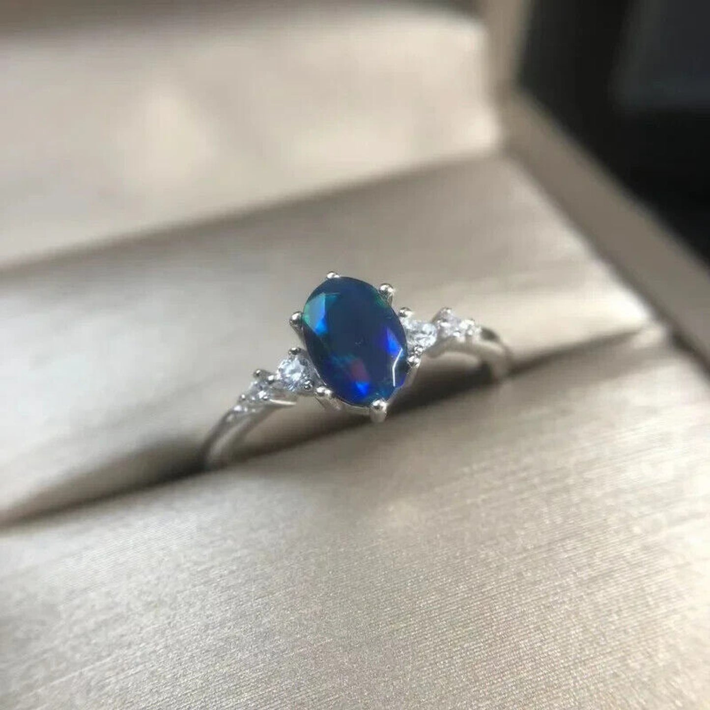 Faceted Black Fire Opal Cocktail Ring 5x7mm