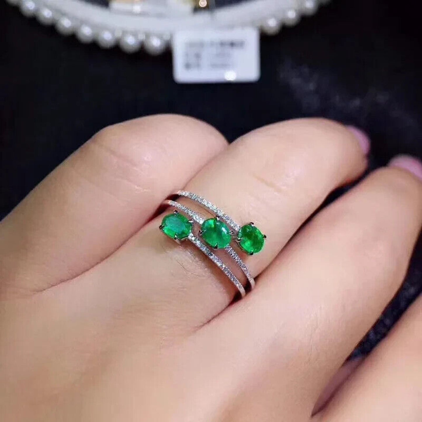 3 Layer Emerald Gemstone Band Ring 3x4mm Sterling Silver