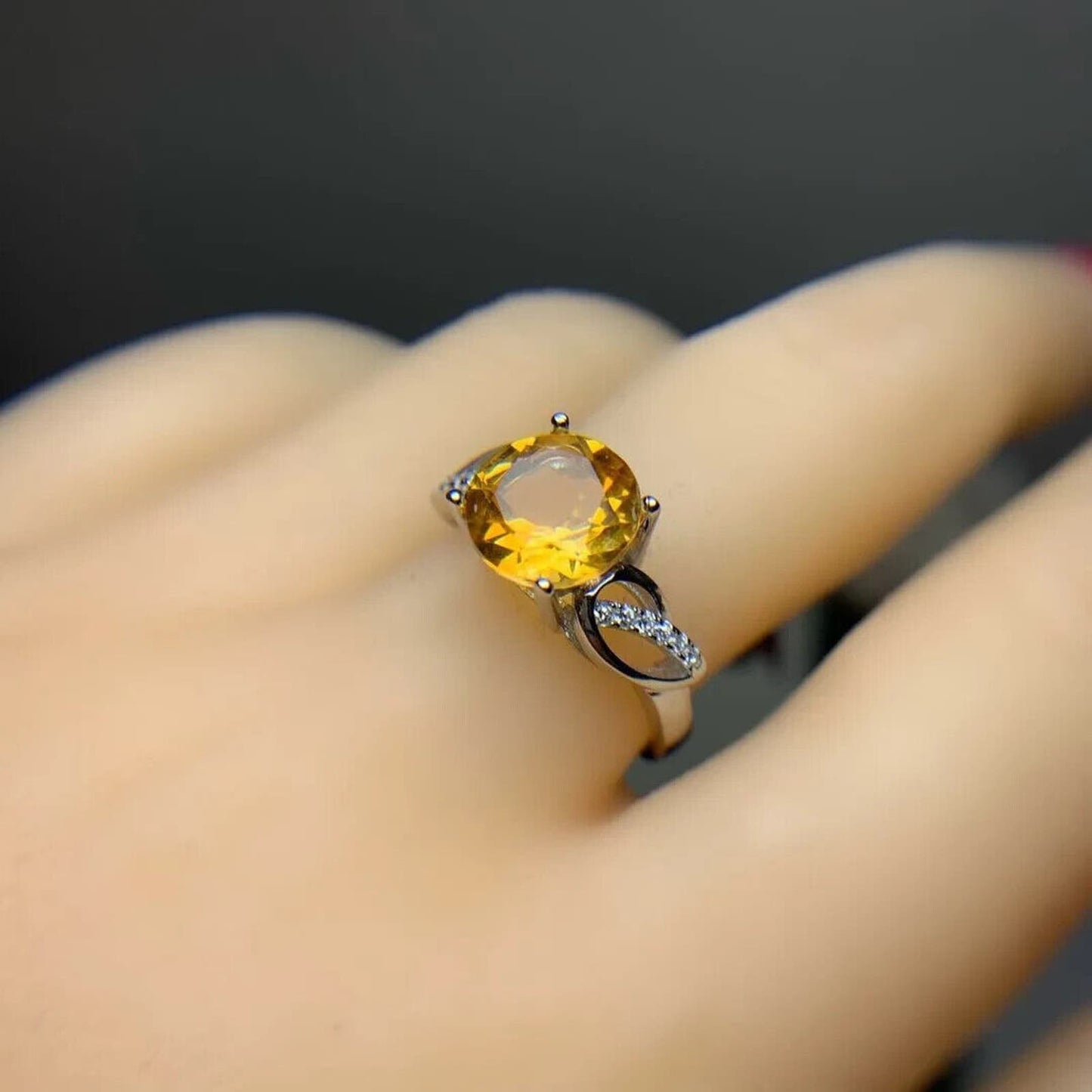 Round Cut Citrine Gemstone Ring 8mm Sterling Silver