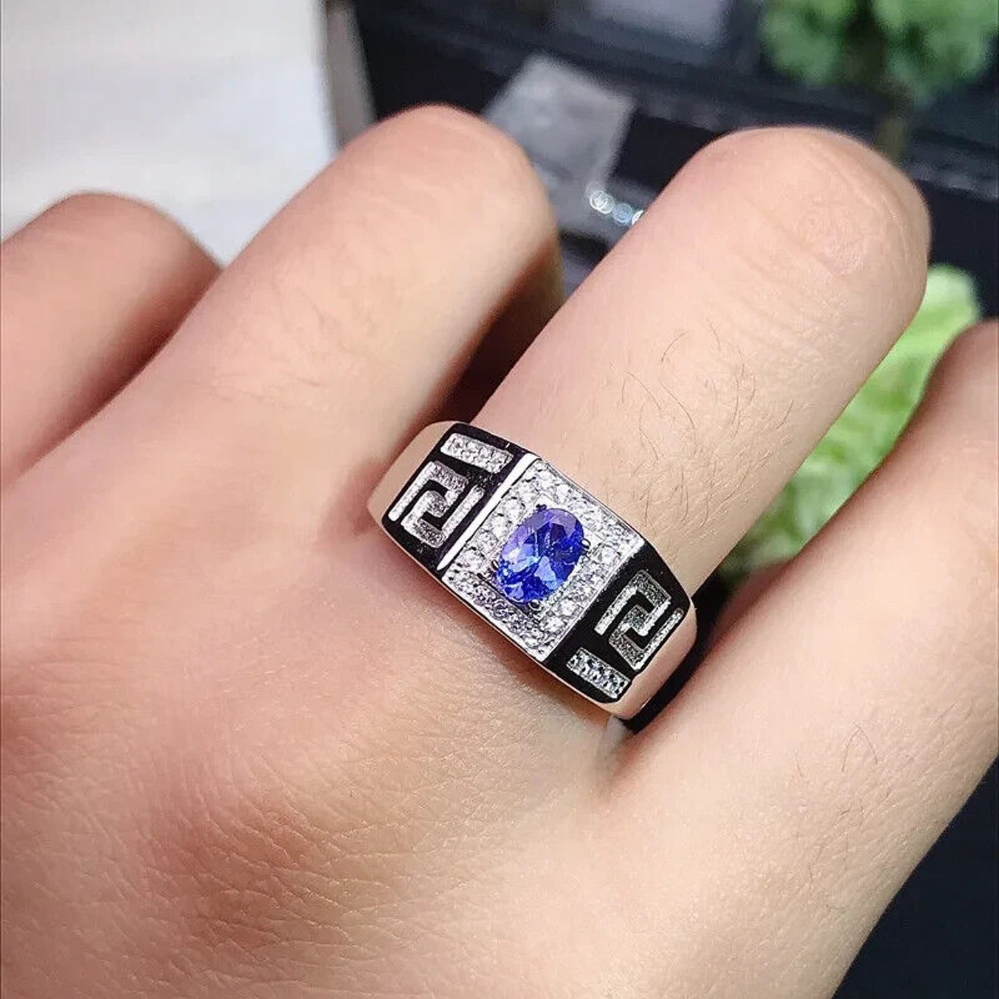 Mens Tanzanite Cocktail Ring VVS1 4x6mm Platinum Plated