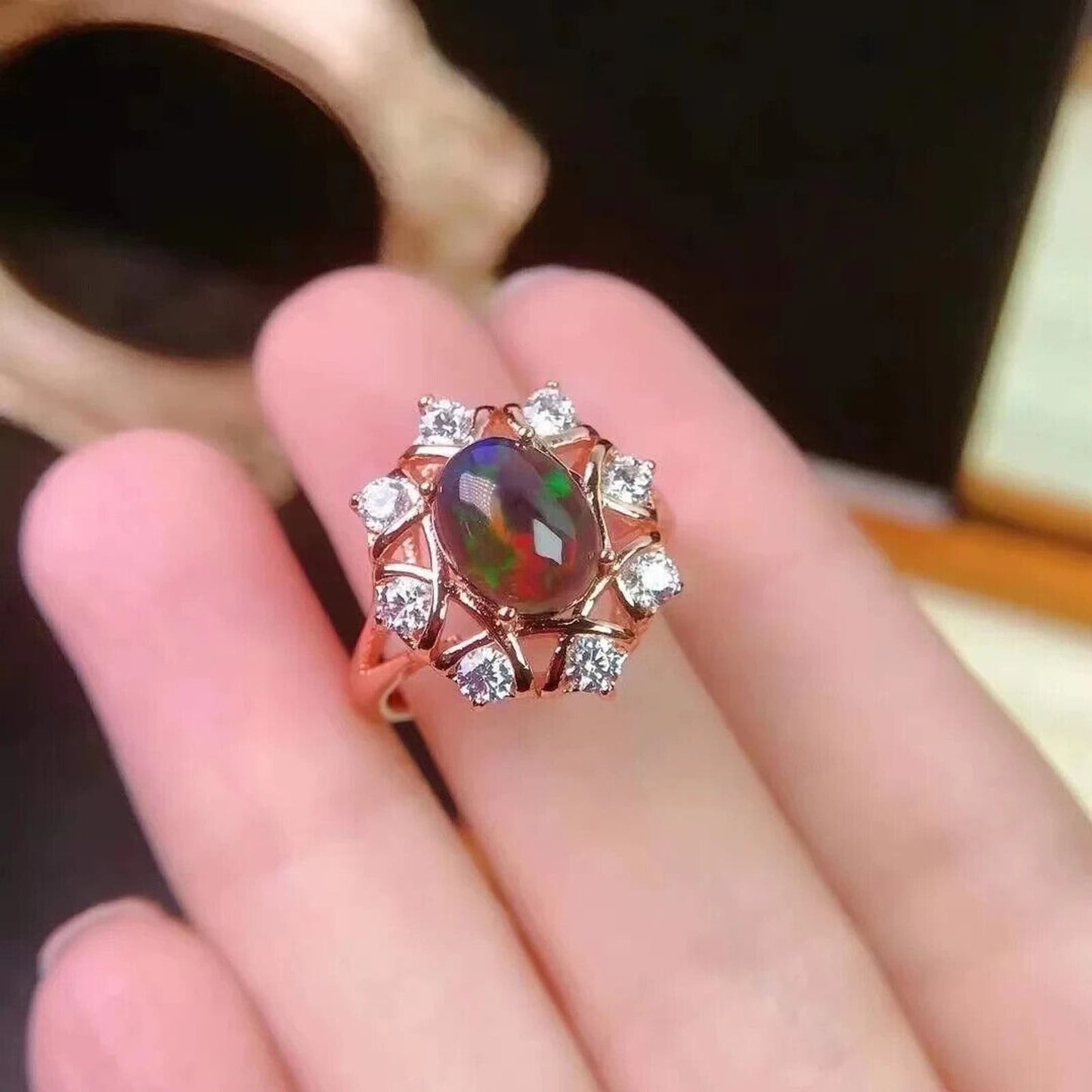 Black Fire Opal Cluster Cocktail Ring 7x9mm