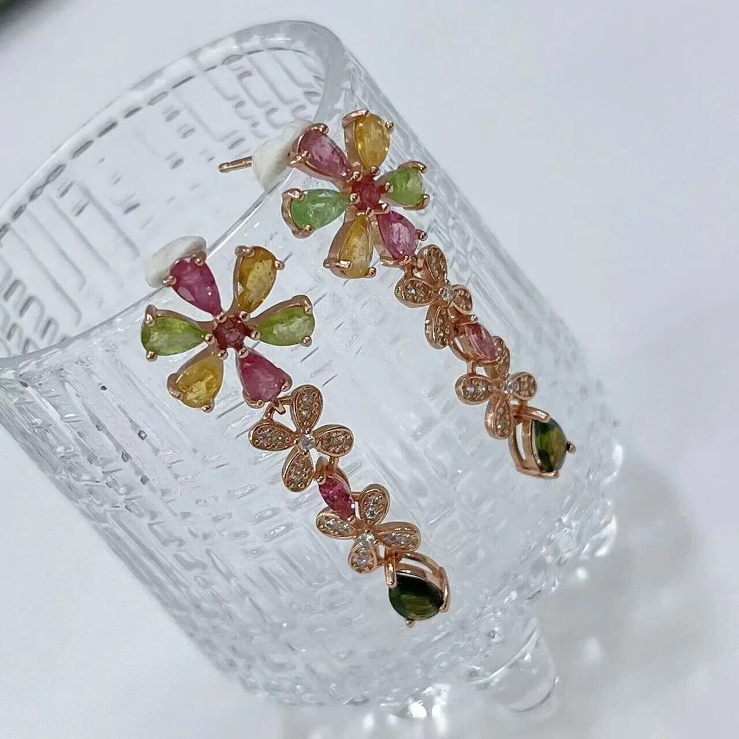 Multicolor Tourmaline Flower Dangle Earrings Rose Gold