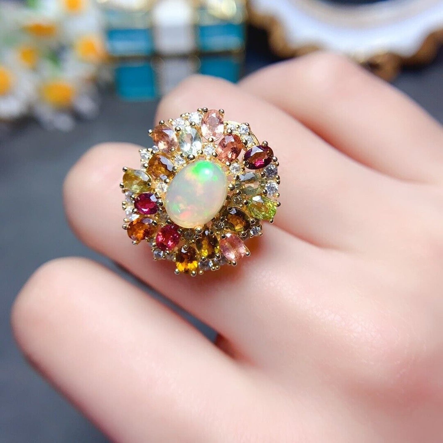 Fire Opal and Multicolor Tourmaline Statement Ring 7x9mm