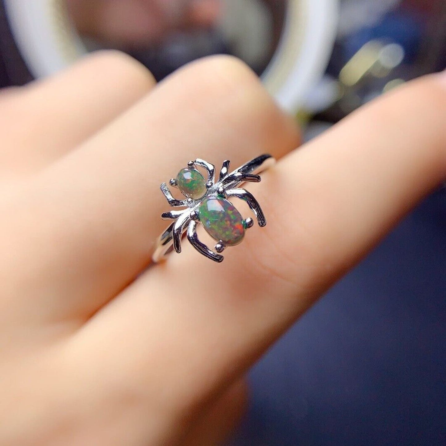 Black Fire Opal Spider Ring Sterling Silver