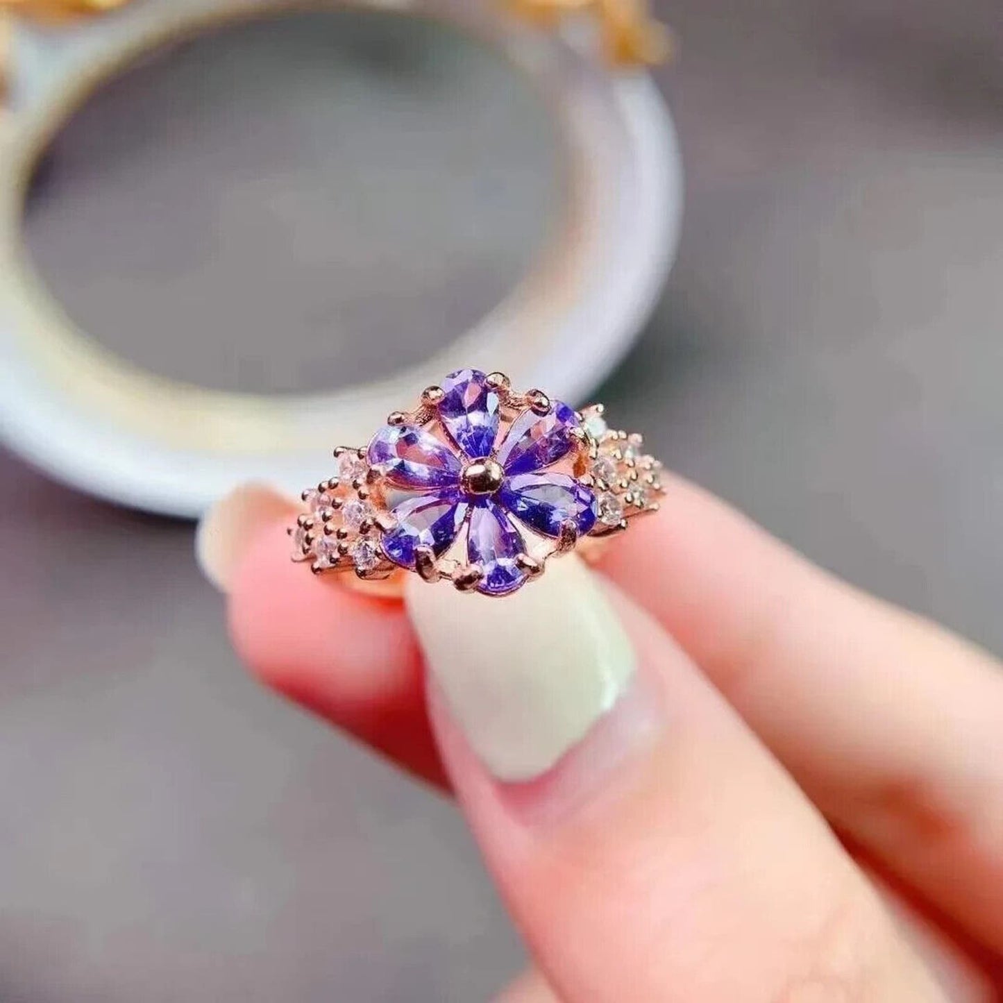 Purple Tanzanite Flower Ring Platinum Plated 3x4mm