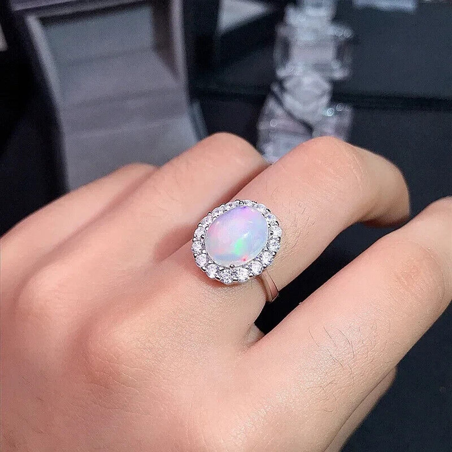 Natural Australian White Opal Cocktail Ring 8x10mm