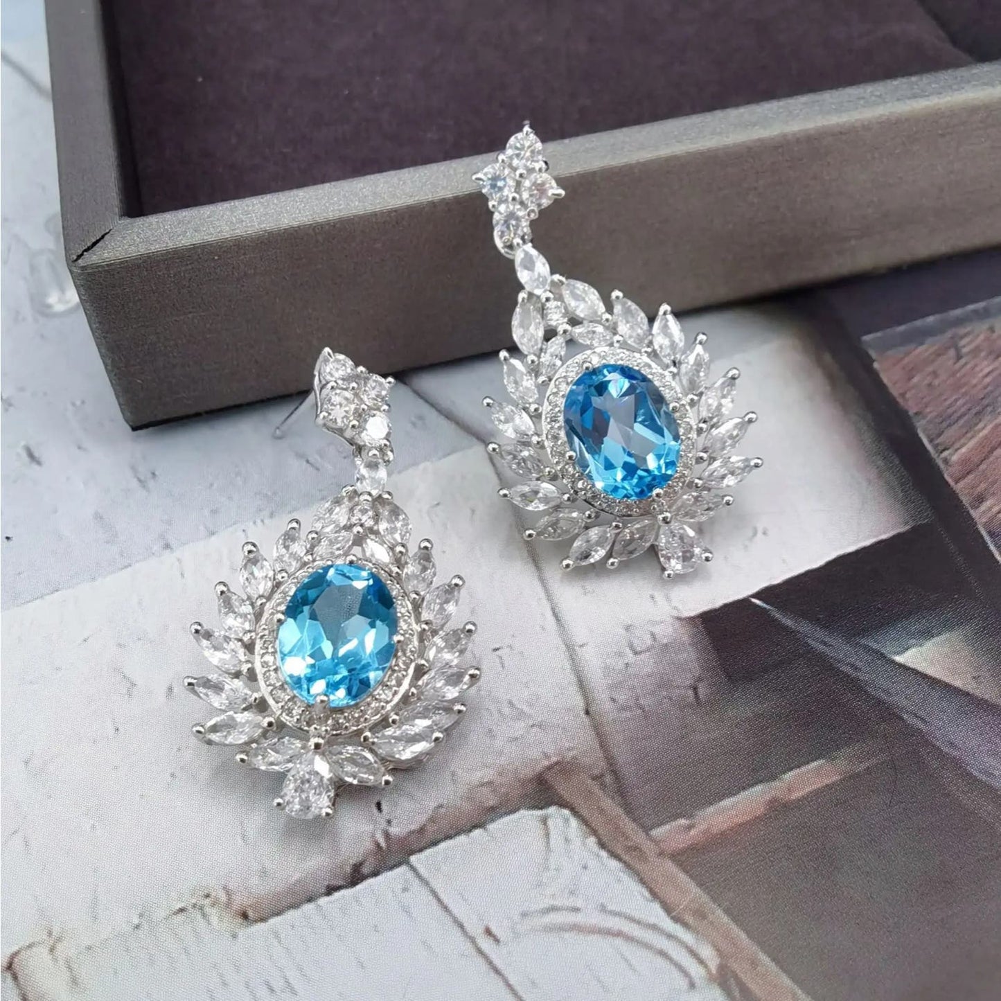 Swiss Blue Topaz Cluster Statement Earrings 7x9mm