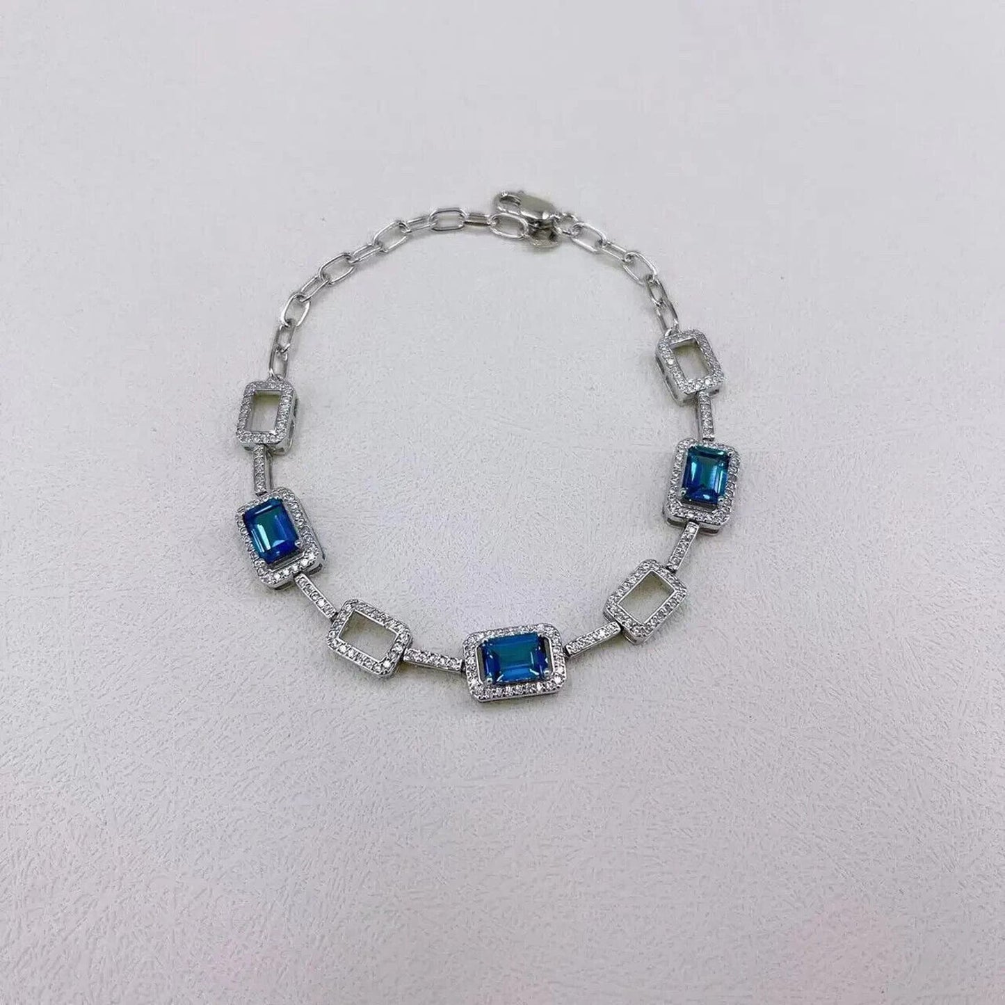 London Blue Topaz Gemstone Tennis Bracelet 6x8mm Platinum Plated