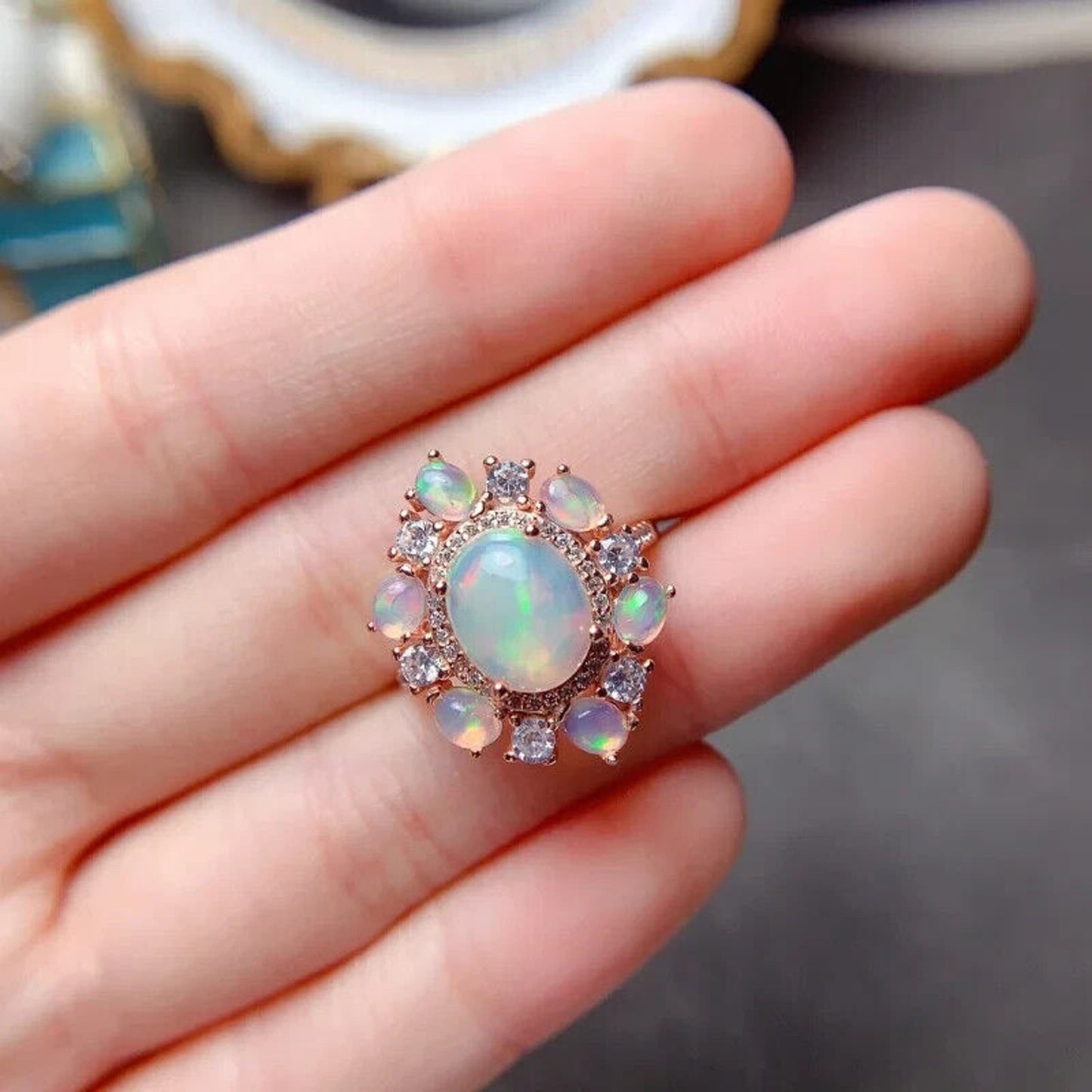 White Fire Opal Cluster Statement Ring Sterling Silver