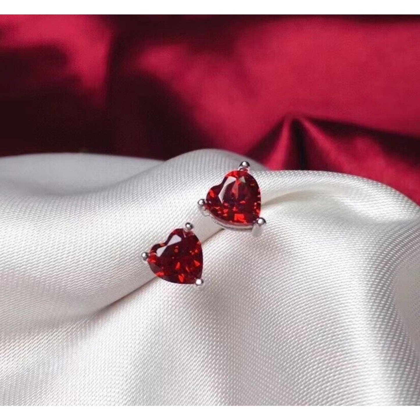 Heart Shaped Red Garnet Stud Earrings 6mm Platinum Plated