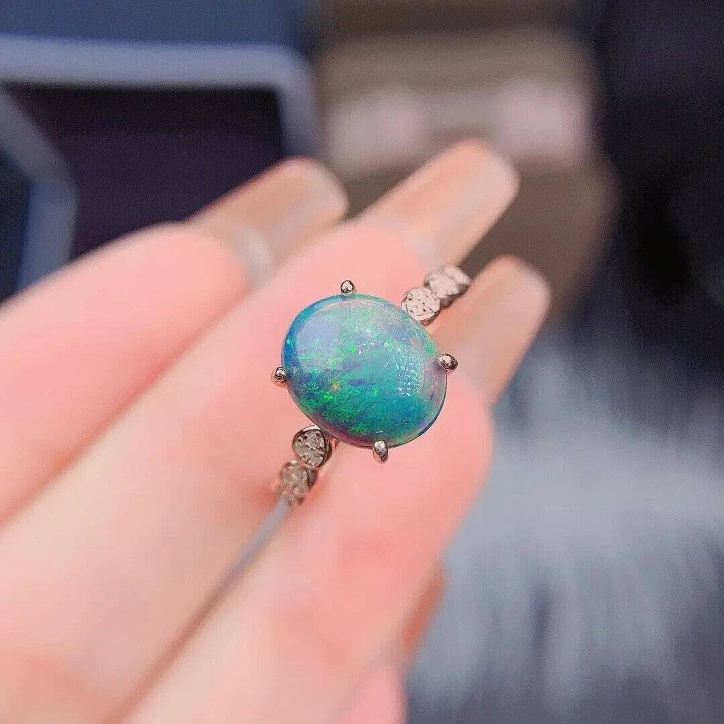 Natural Black Fire Opal Cocktail Ring 9x11mm Platinum Plated