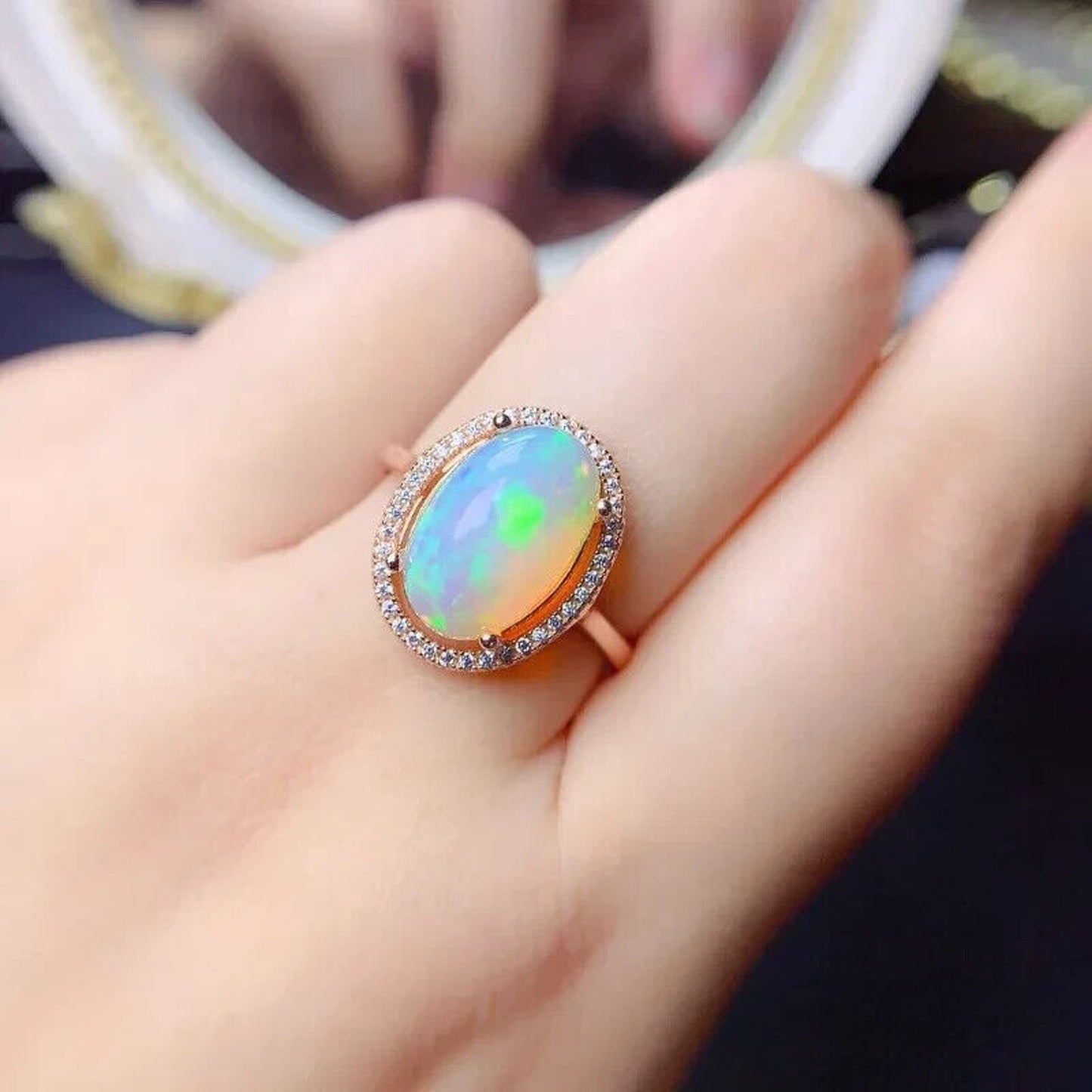 Natural Fire Opal Statement Ring 10x14mm Oval Cut