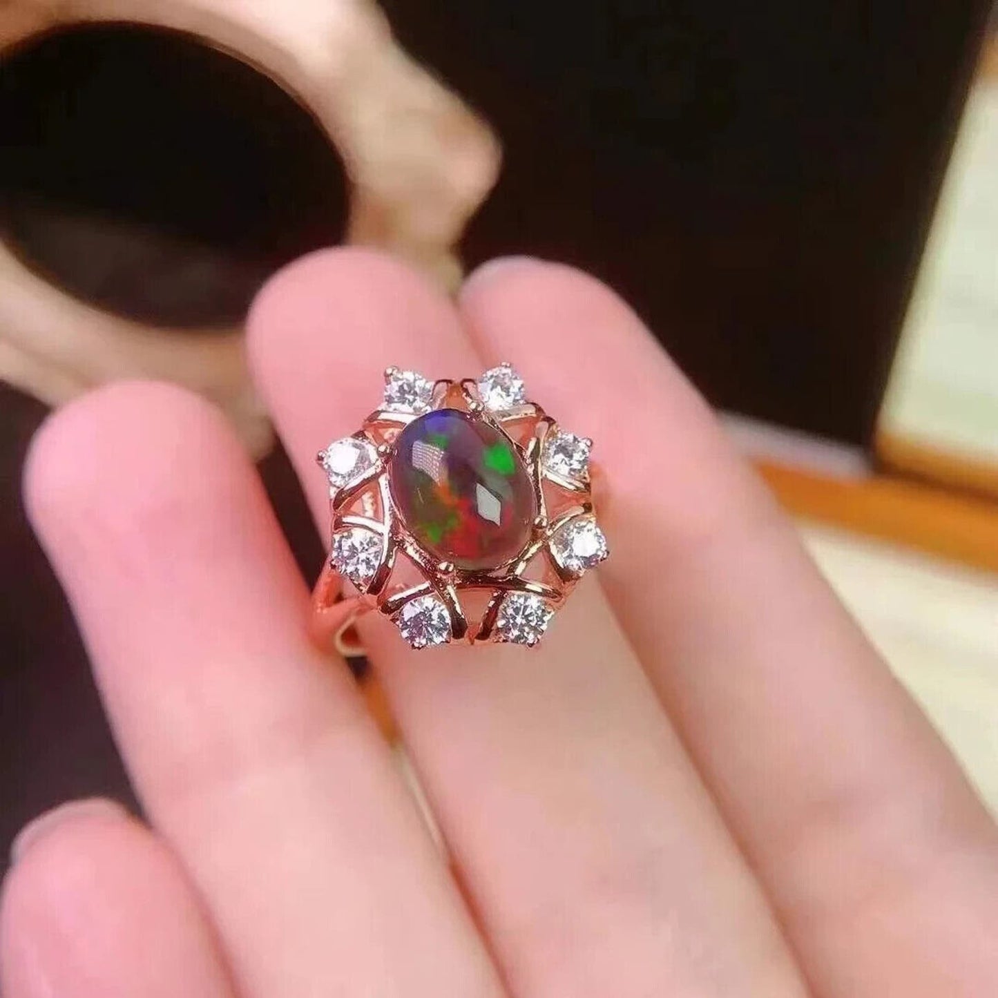 Black Fire Opal Cluster Cocktail Ring 7x9mm