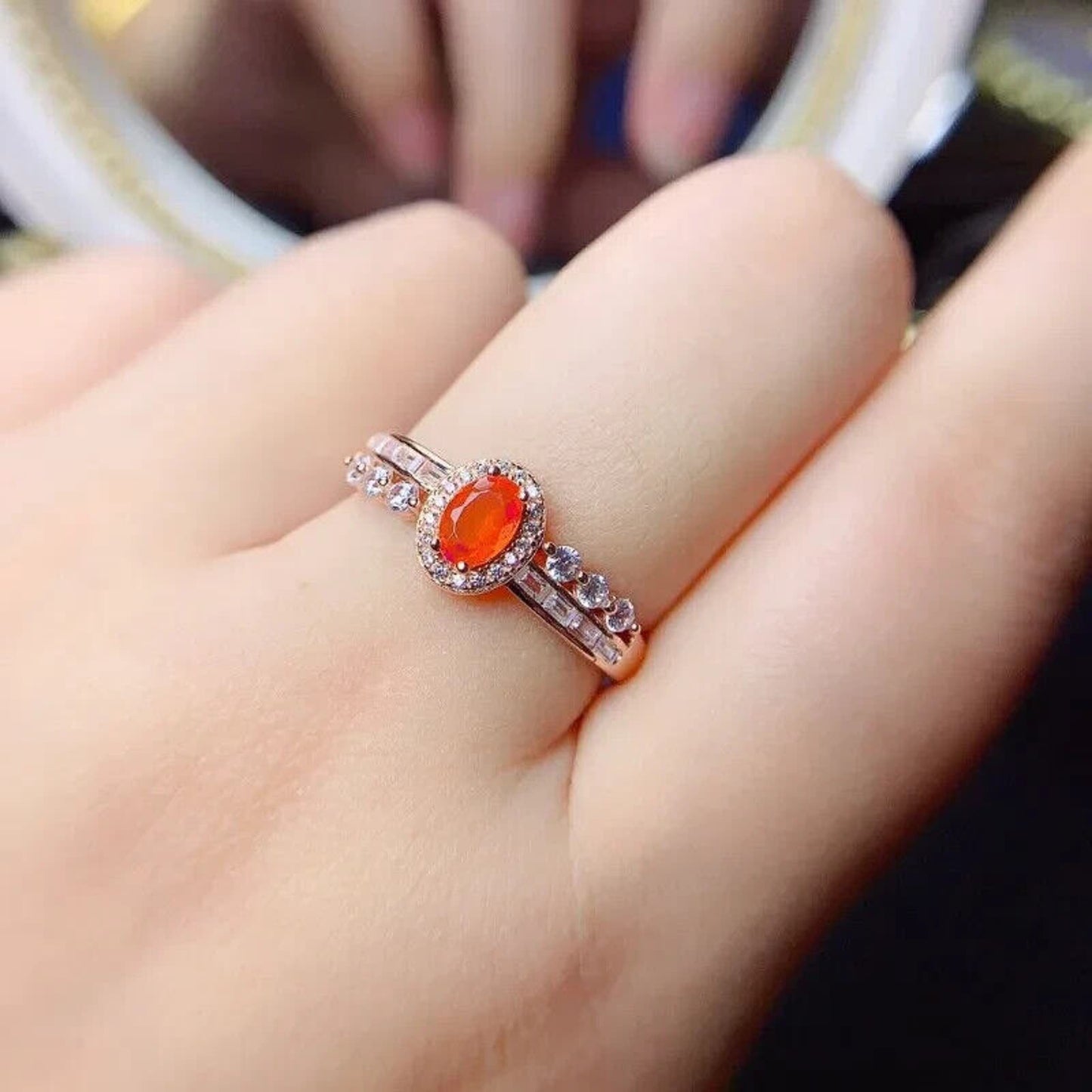 Orange Fire Opal Cocktail Ring 4x6mm Sterling Silver