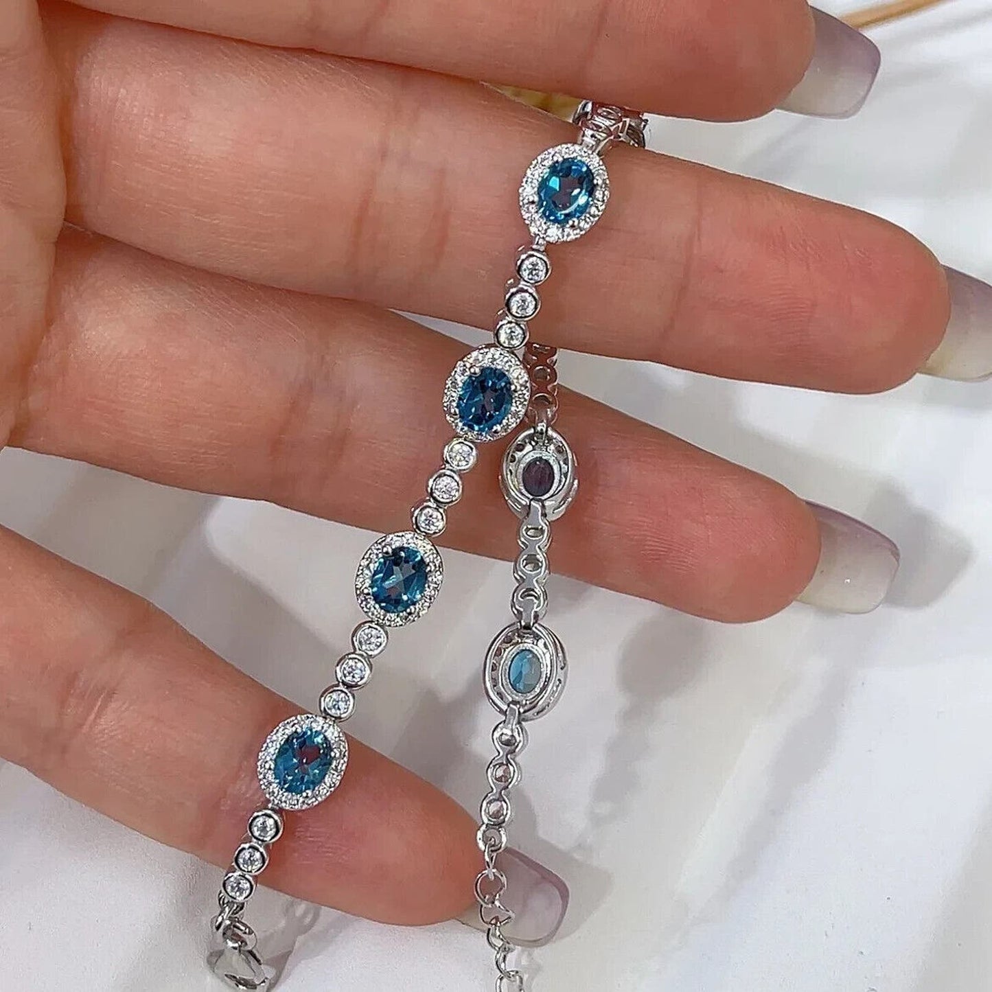 Natural London Blue Topaz Tennis Bracelet 4x5mm Platinum Plated