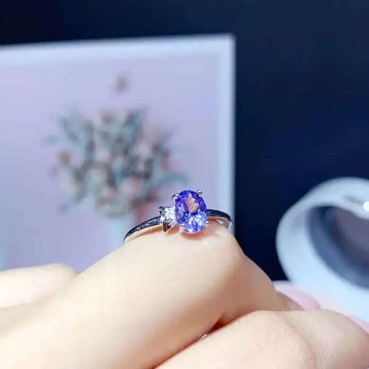 Purple Tanzanite Solitaire Ring 5x7mm Platinum Plated