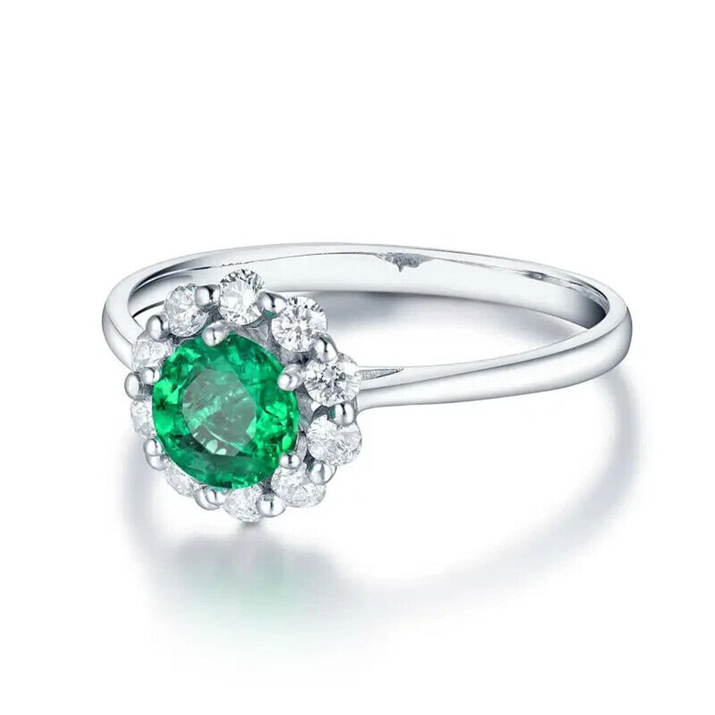 Natural Emerald and Diamond Round Cut Cluster Ring 14k White Gold