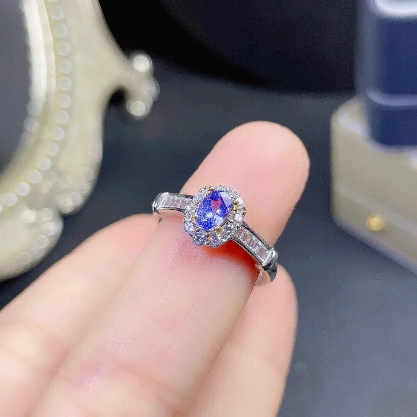 Dainty Purple Tanzanite Cluster Cocktail Ring 4x6mm