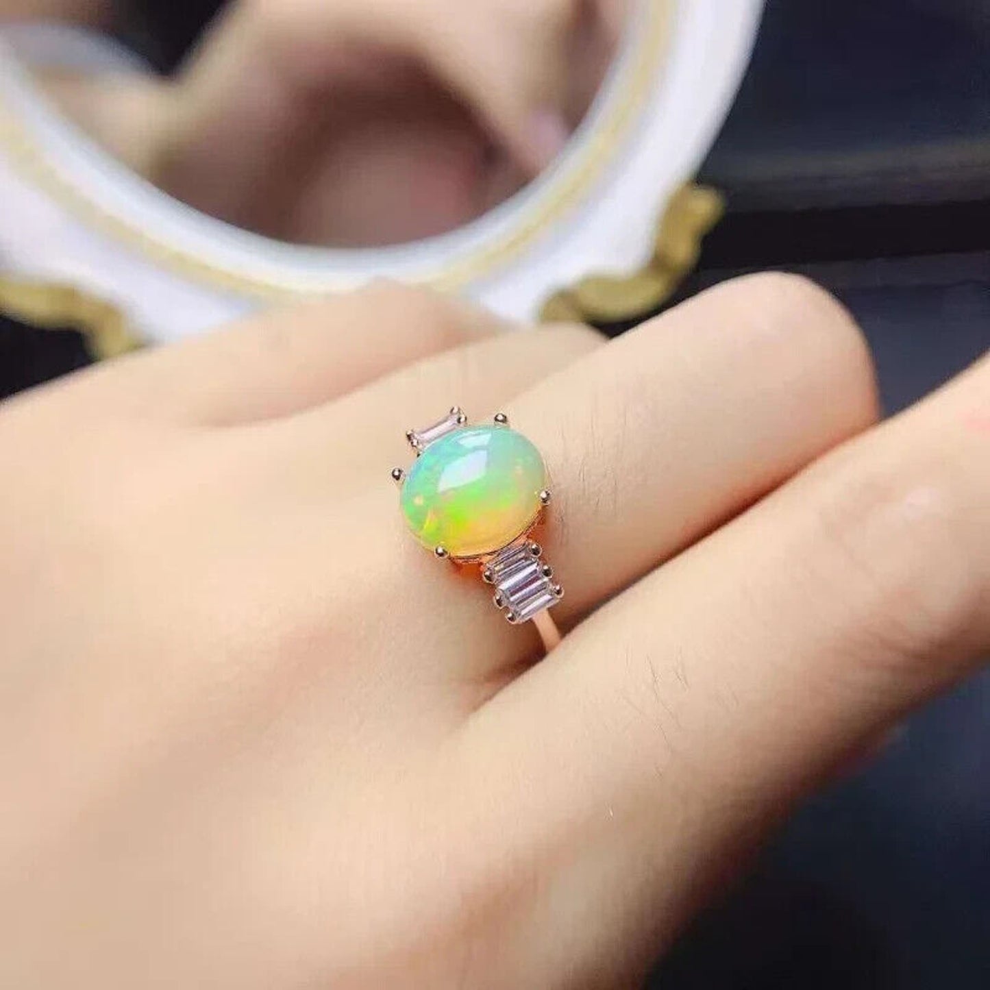 Natural Fire Opal Gemstone Ring 8x10mm Sterling Silver