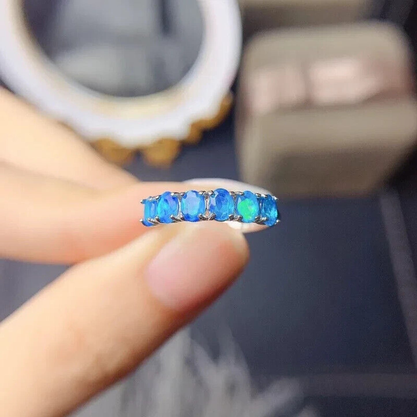 Natural Australian Blue Fire Opal Band Ring 3x4mm Sterling Silver