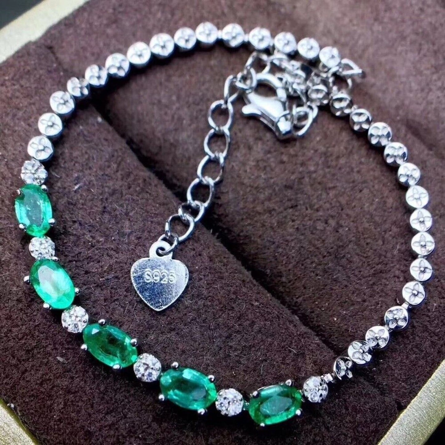 Natural Emerald Tennis Bracelet 3x5mm Platinum Plated