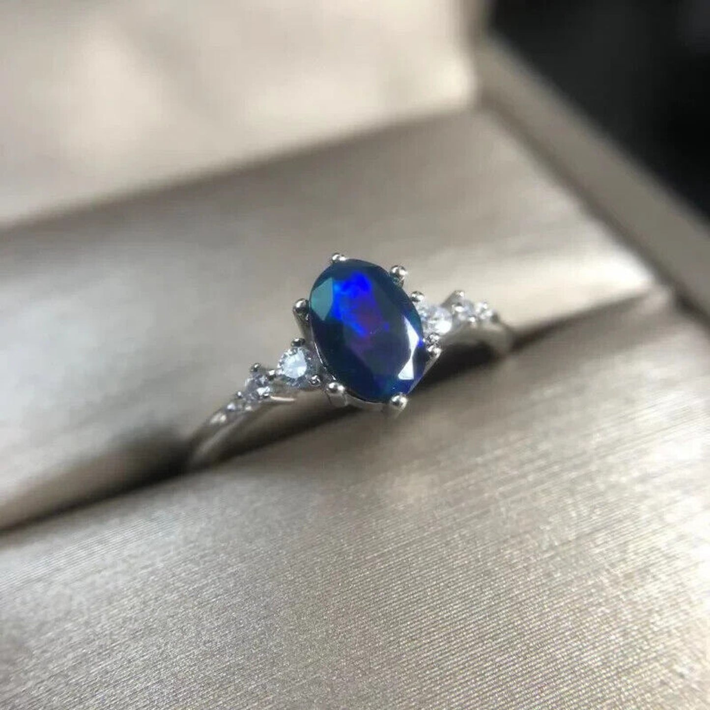 Faceted Black Fire Opal Cocktail Ring 5x7mm