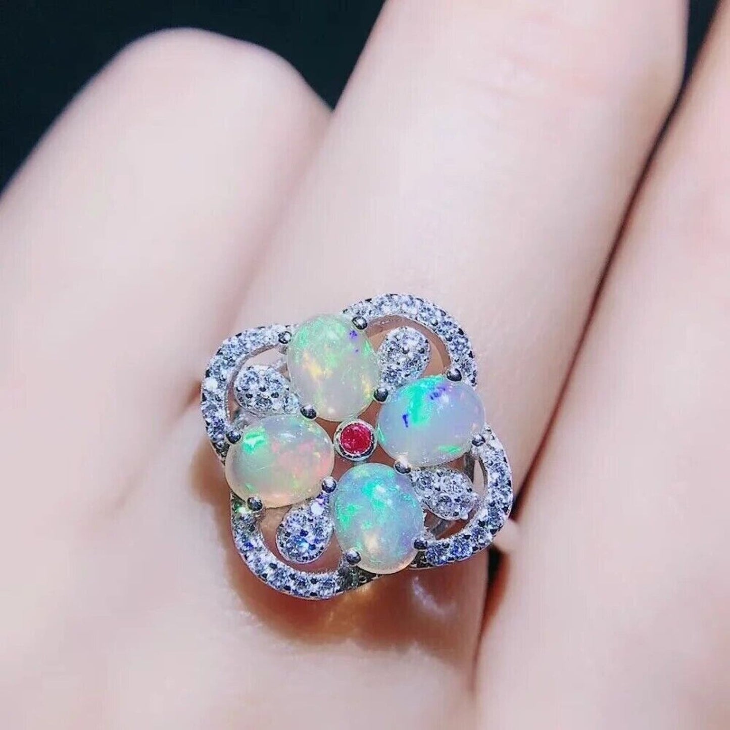 Fire Opal Flower Cluster Ring 4x6mm Sterling Silver