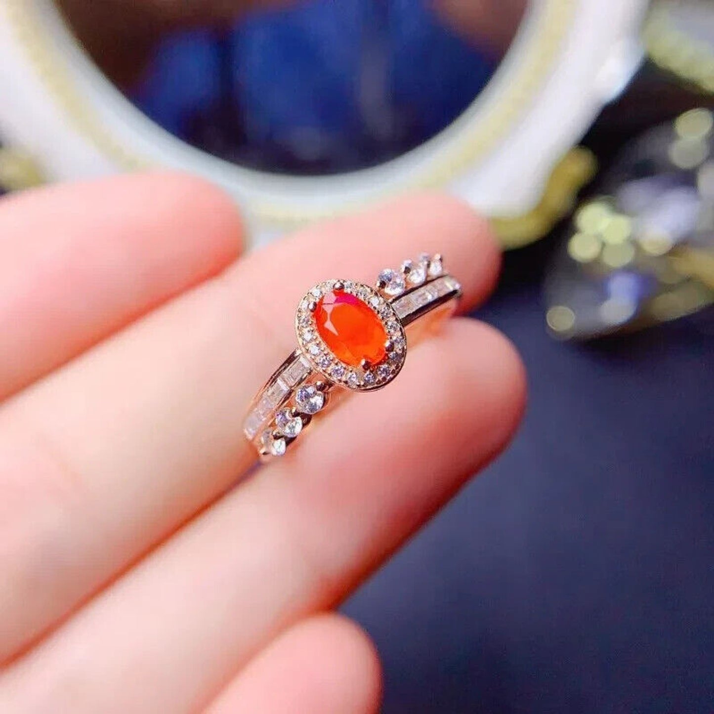 Orange Fire Opal Cocktail Ring 4x6mm Sterling Silver