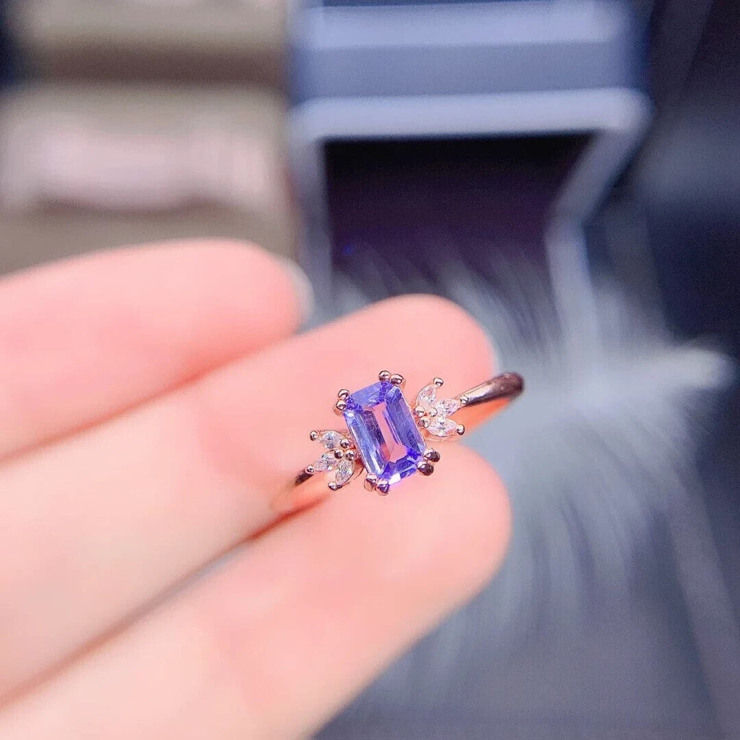 Purple Tanzanite Emerald Cut Ring 4x6mm Sterling Silver