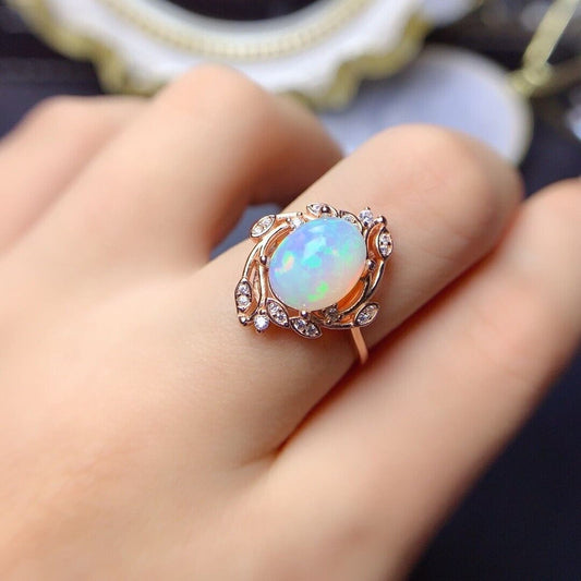 Fire Opal Vine Statement Ring 8x10mm Sterling Silver