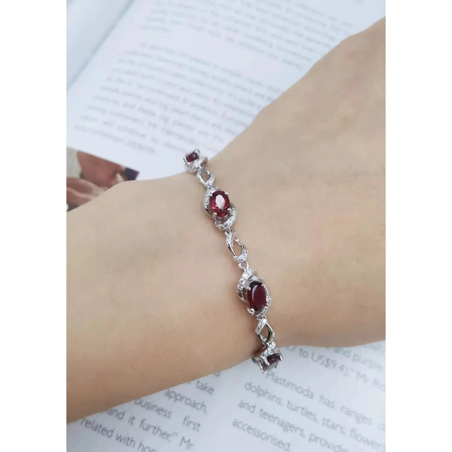 Red Garnet Chain Bracelet 4x6mm Platinum Plated