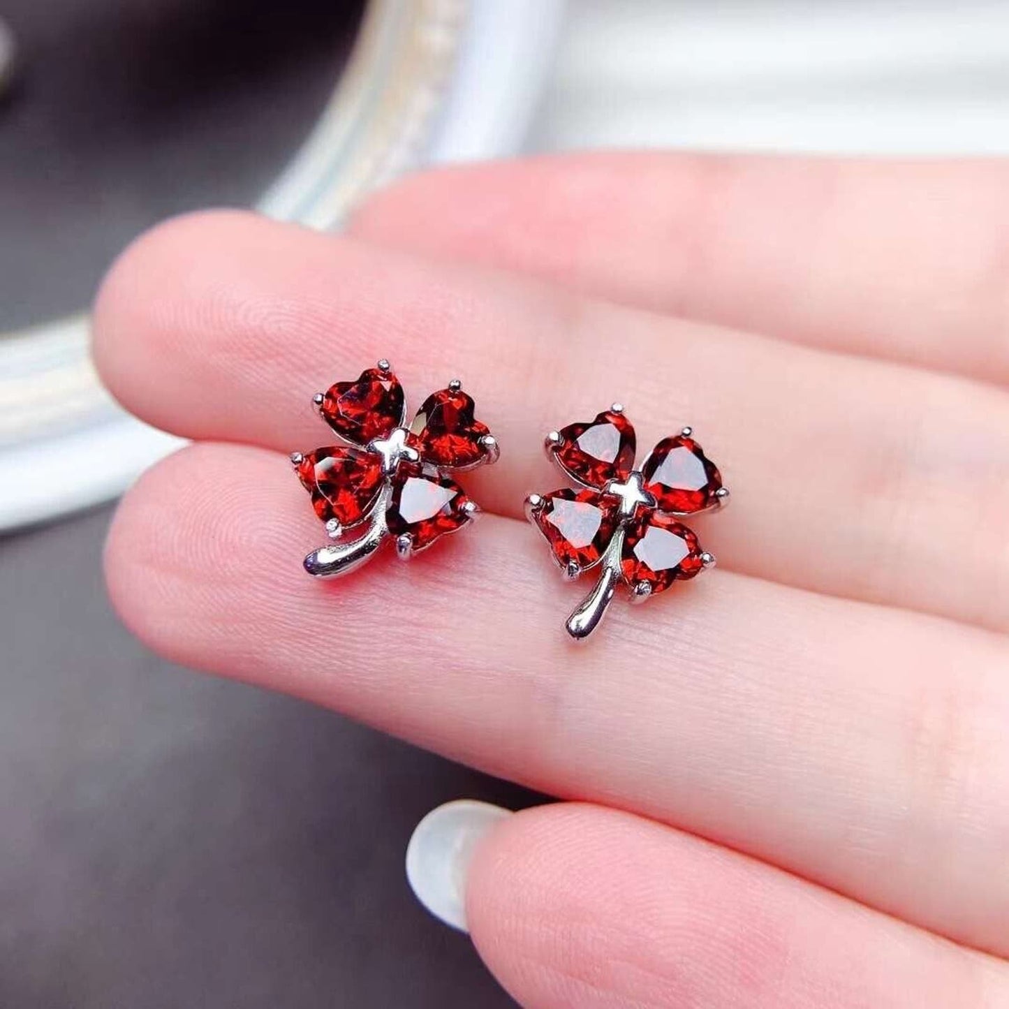 Red Garnet Clover Stud Earrings 4x4mm Platinum Plated