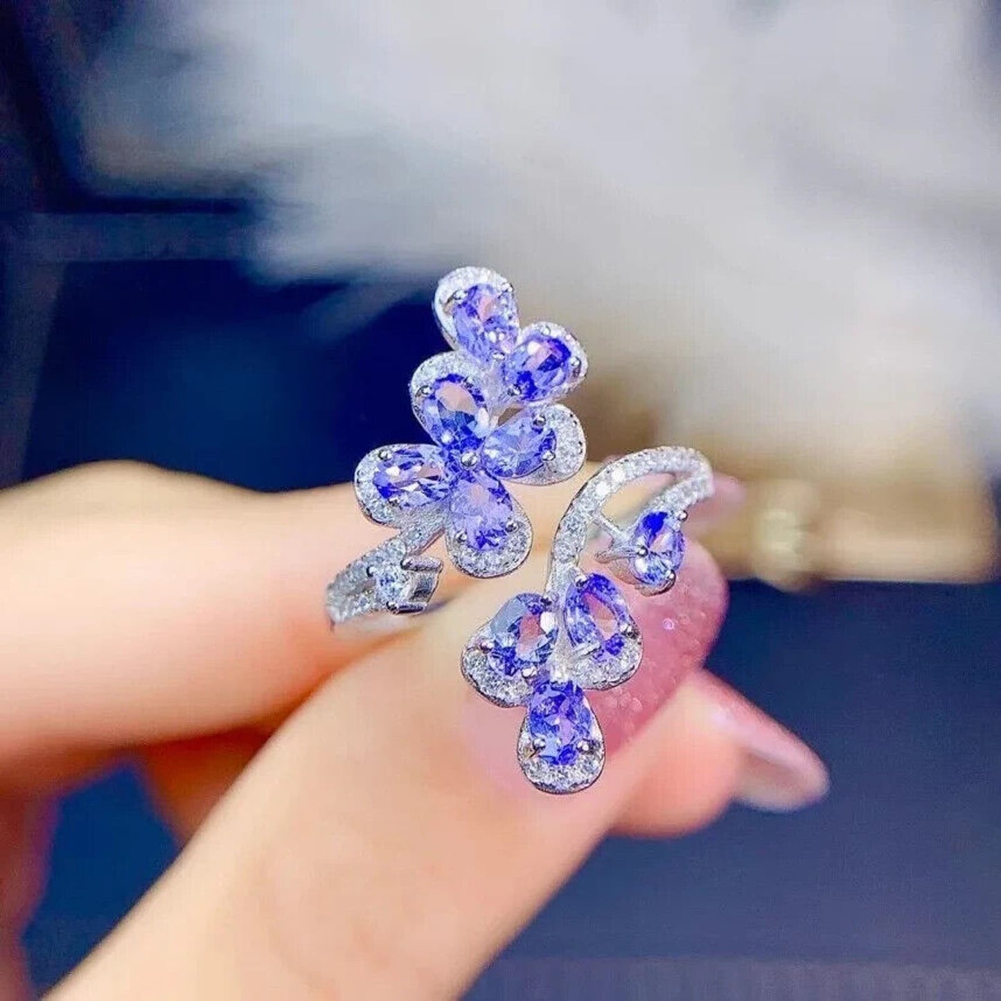 VVS1 Purple Tanzanite Floral Cocktail Ring, Natural Purple Tanzanite Ring