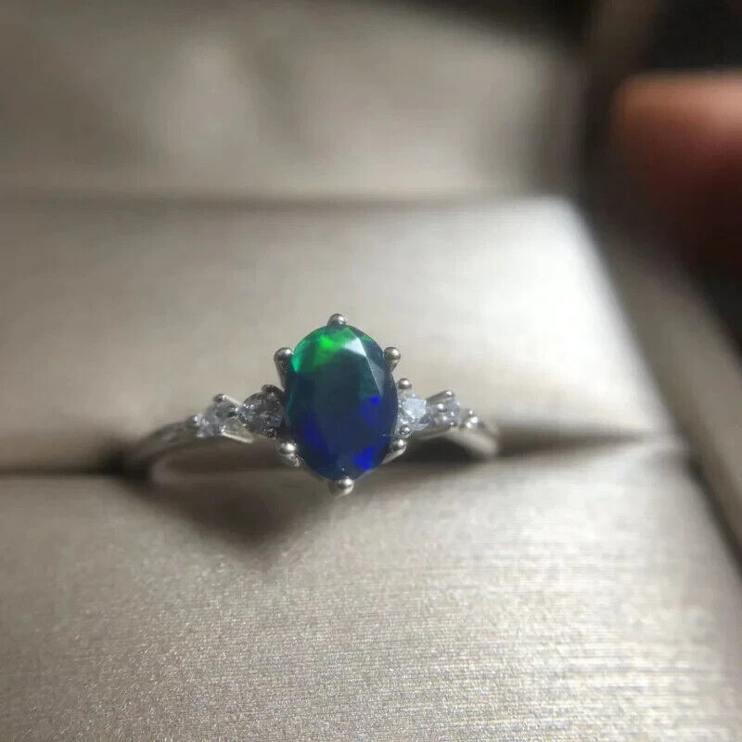 Faceted Black Fire Opal Cocktail Ring 5x7mm