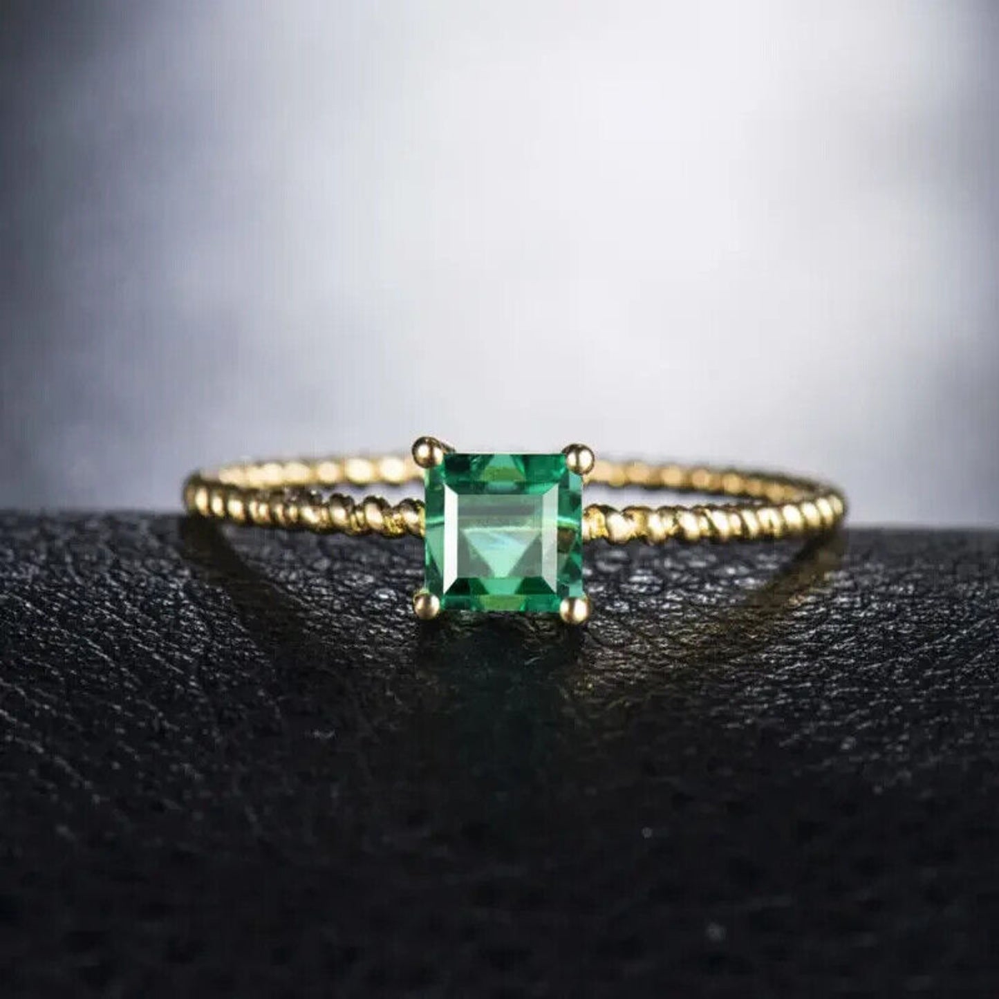 Natural Emerald Ring, Princess Cut 18k Yellow Gold