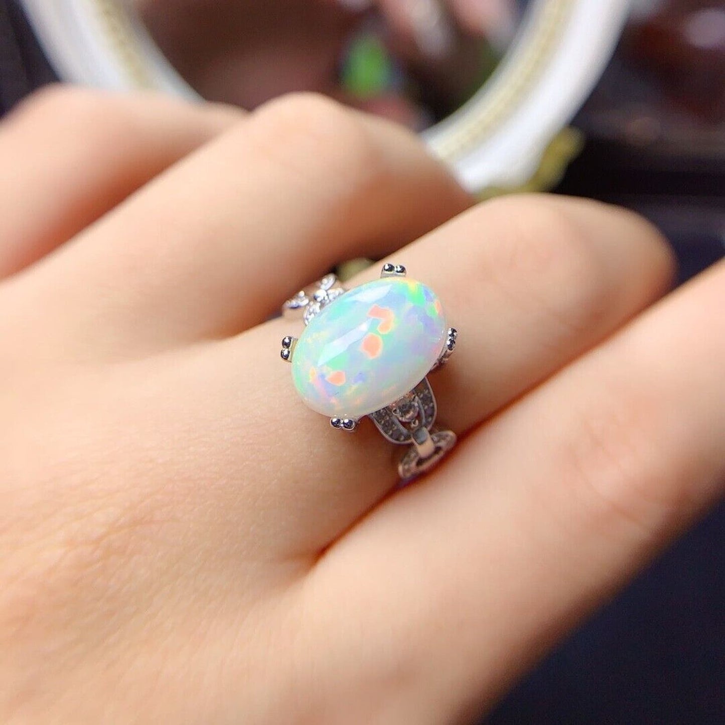 Large White Fire Opal Cocktail Ring 10x14mm Sterling Silver