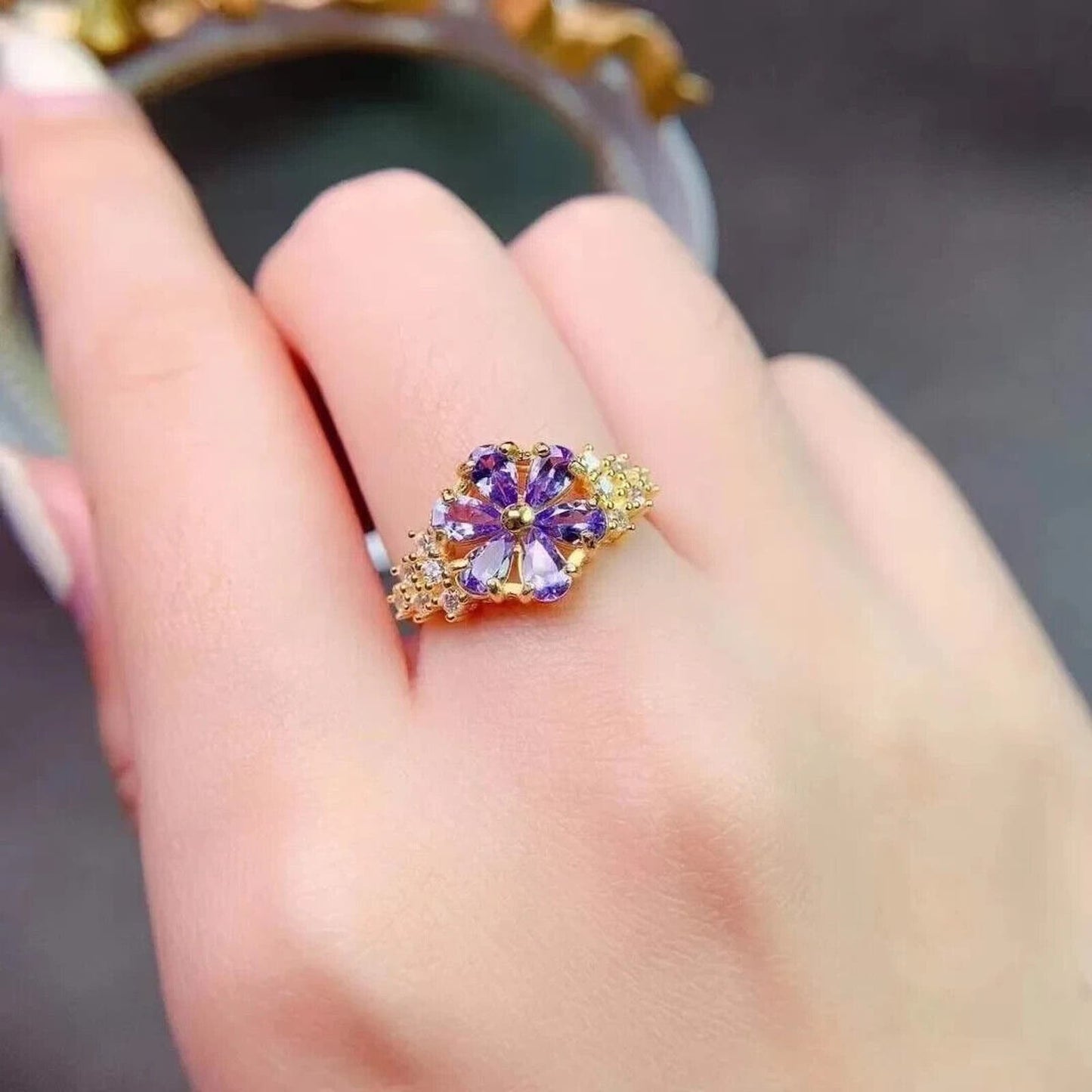 Purple Tanzanite Flower Ring Platinum Plated 3x4mm