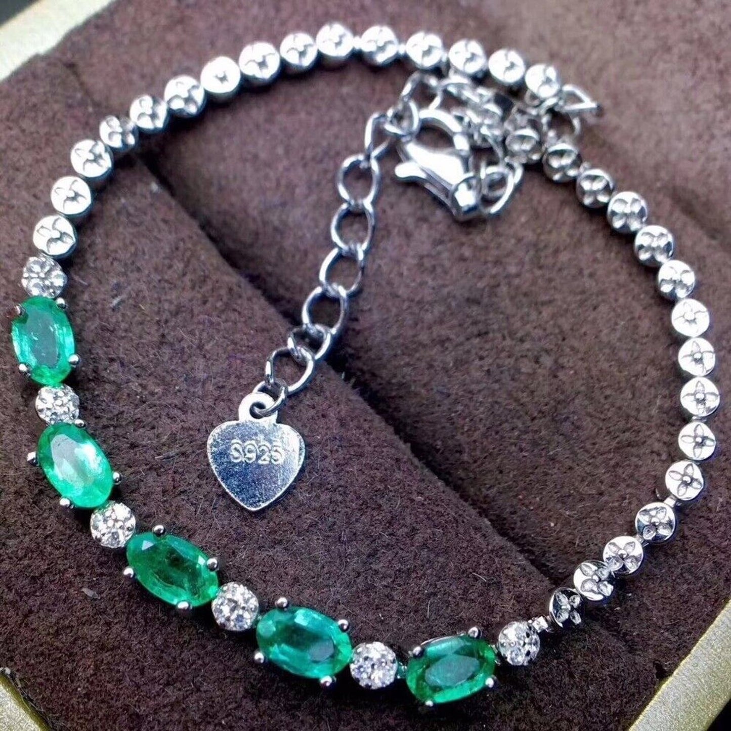 Natural Emerald Tennis Bracelet 3x5mm Platinum Plated